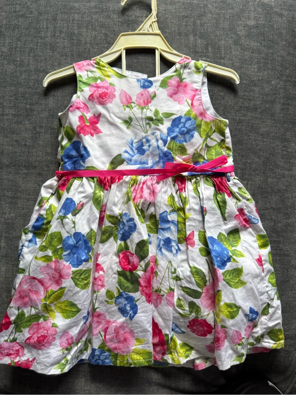 Carter's White Floral Sundress with Pink Ribbon and Blue Accents